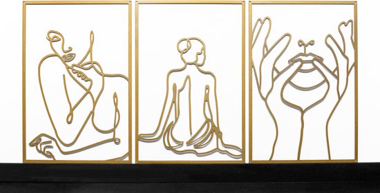 Kos Design - Wanddecoratie - 3 Delige Set - Wandborden - Gold wall art van metaal - decoratie woonkamer - decoratie muur - 3D