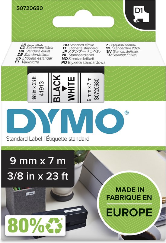 DYMO originele D1 labels | Zwarte Tekst op Wit Label | 9 mm x 7 m | Zelfklevende etiketten voor de LabelManager labelprinter | gemaakt in Europa