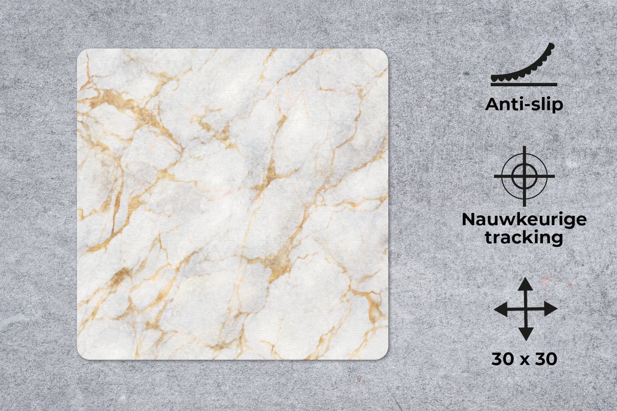 Muismat 30x30 cm - Mousepad Marmer - Wit - Goud - Abstract - Muismatten