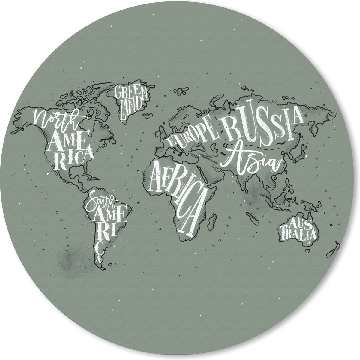 Muismat rond 30x30 cm - Mousepad Wereldkaart - Grijs - Wit - Letters - Ronde muismatten