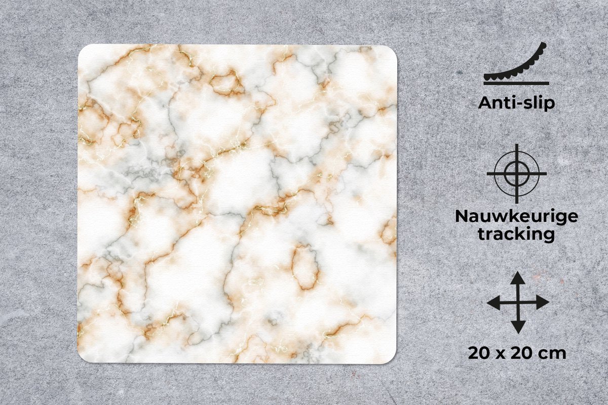Muismat 20x20 cm - Mousepad Marmer - Wit - Grijs - Goud - Muismatten