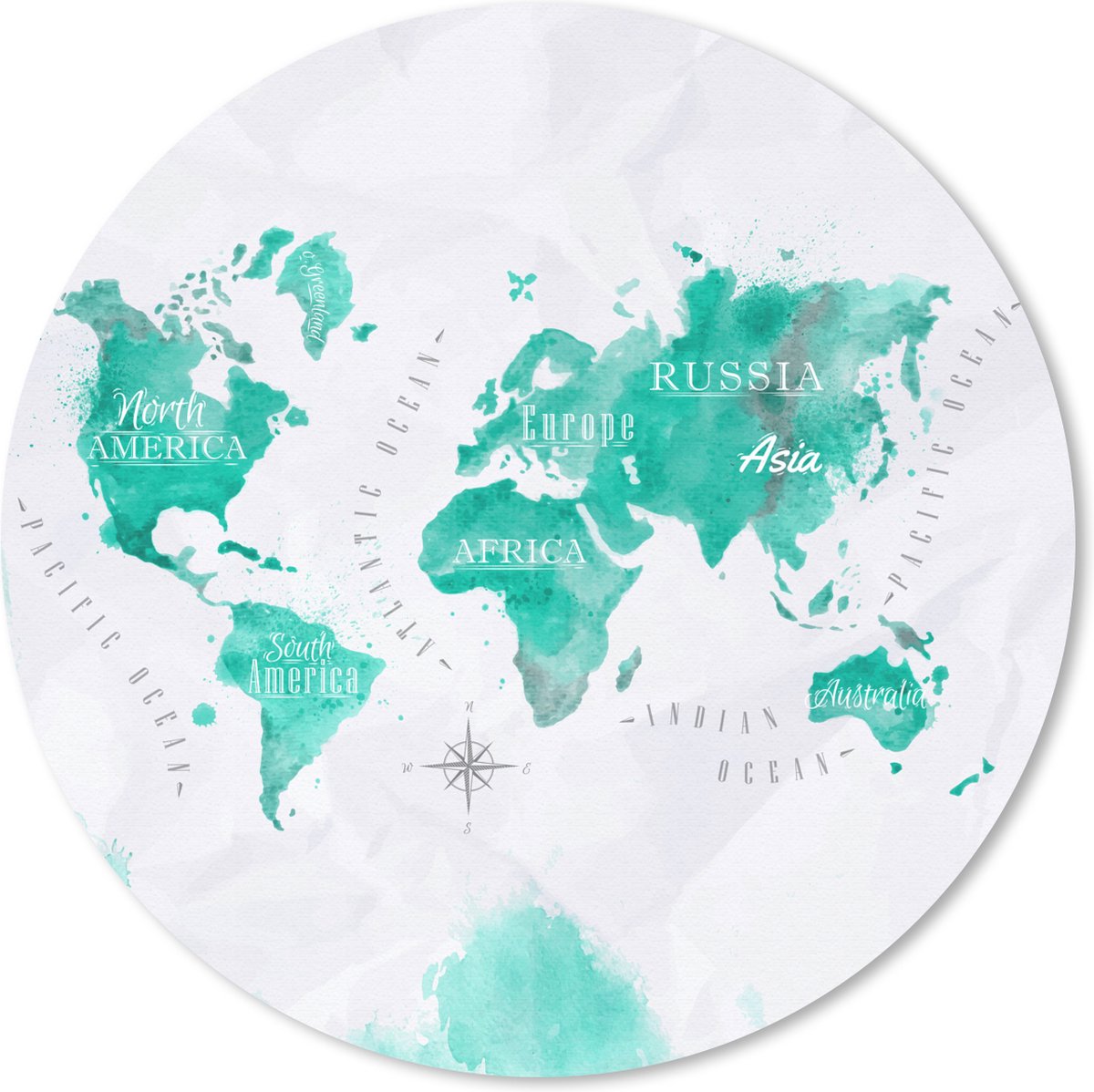 Muismat rond 20x20 cm - Mousepad Waterverf - Wereldkaart - Turquoise - Ronde muismatten