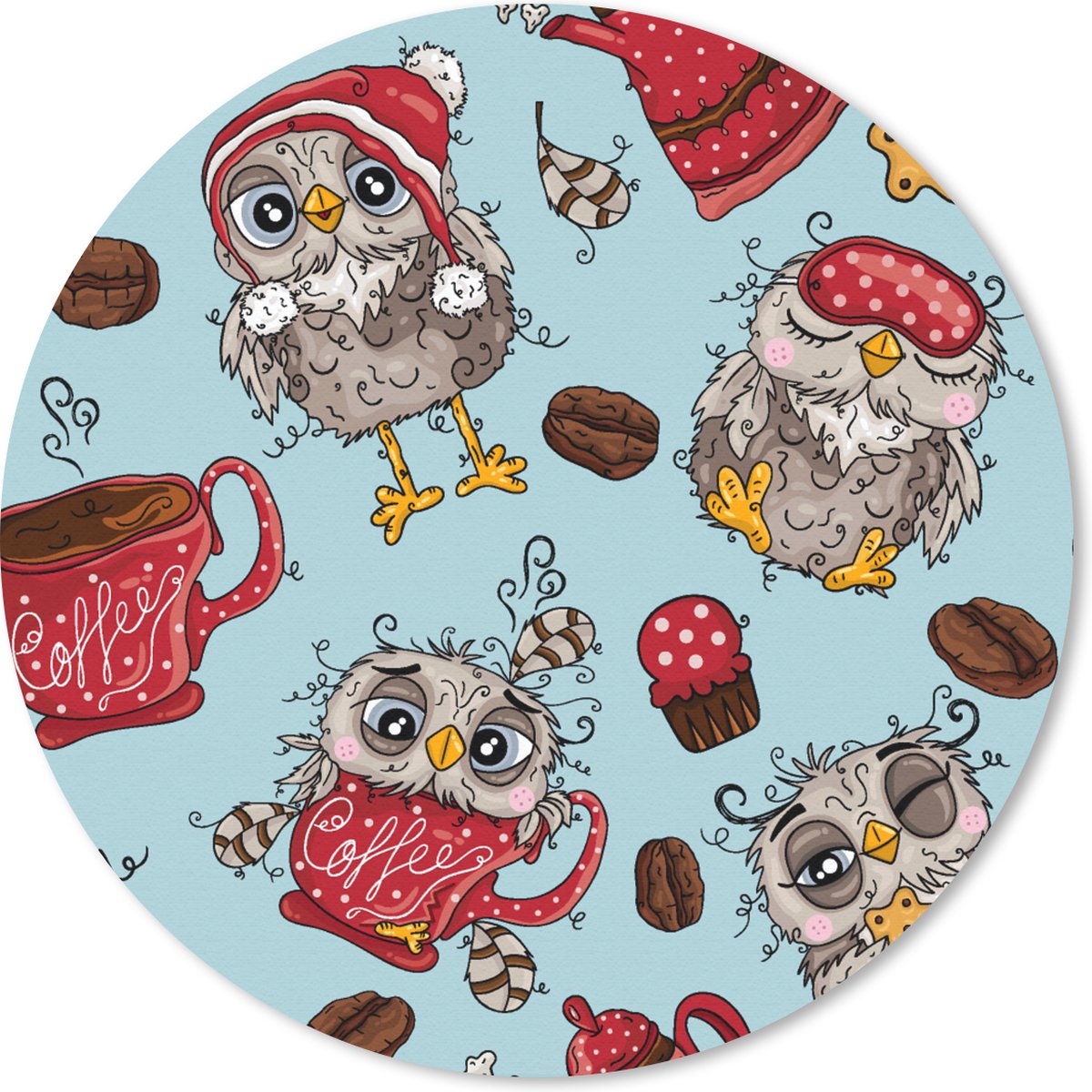 Muismat rond 30x30 cm - Mousepad Patronen - Uil - Ontbijt - Ronde muismatten