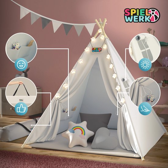 Witte tipi speeltent met sterverlichting, vlaggetjes en handige opbergzakken aan de zijkant.