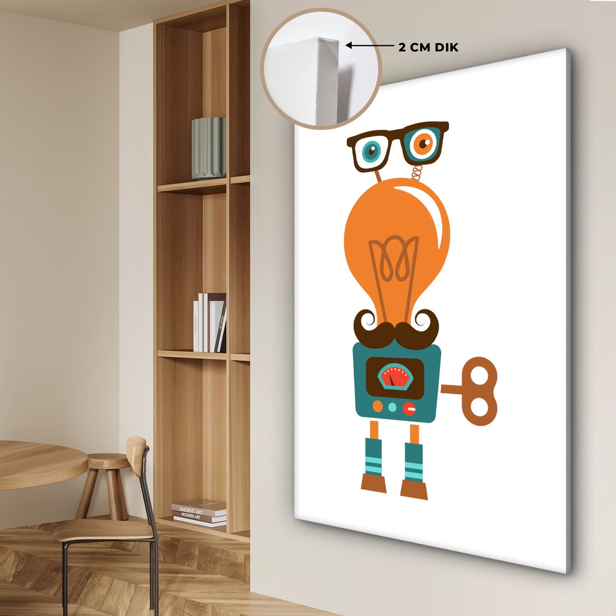 Canvas schilderij 80x120 cm - Wanddecoratie Robot - Bril - Gloeilamp - Snor - Kinderen - J
