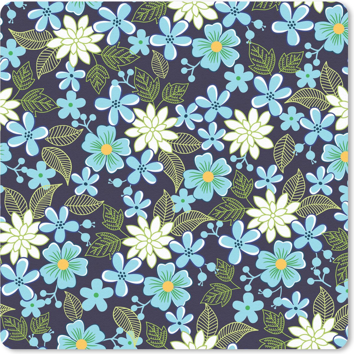 Muismat 30x30 cm - Mousepad Bloemen - Bladeren - Blauw - Muismatten