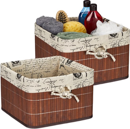 Relaxdays 2x panier de rangement bambou - panier d'armoire décoratif petit - marron - madje pour salle de bain
