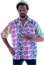 Funny Fashion - Hippie Kostuum - Kleurrijk Hippie Peace Shirt Man - Roze, Wit / Beige - Maat 48-50 - Carnavalskleding - Verkleedkleding