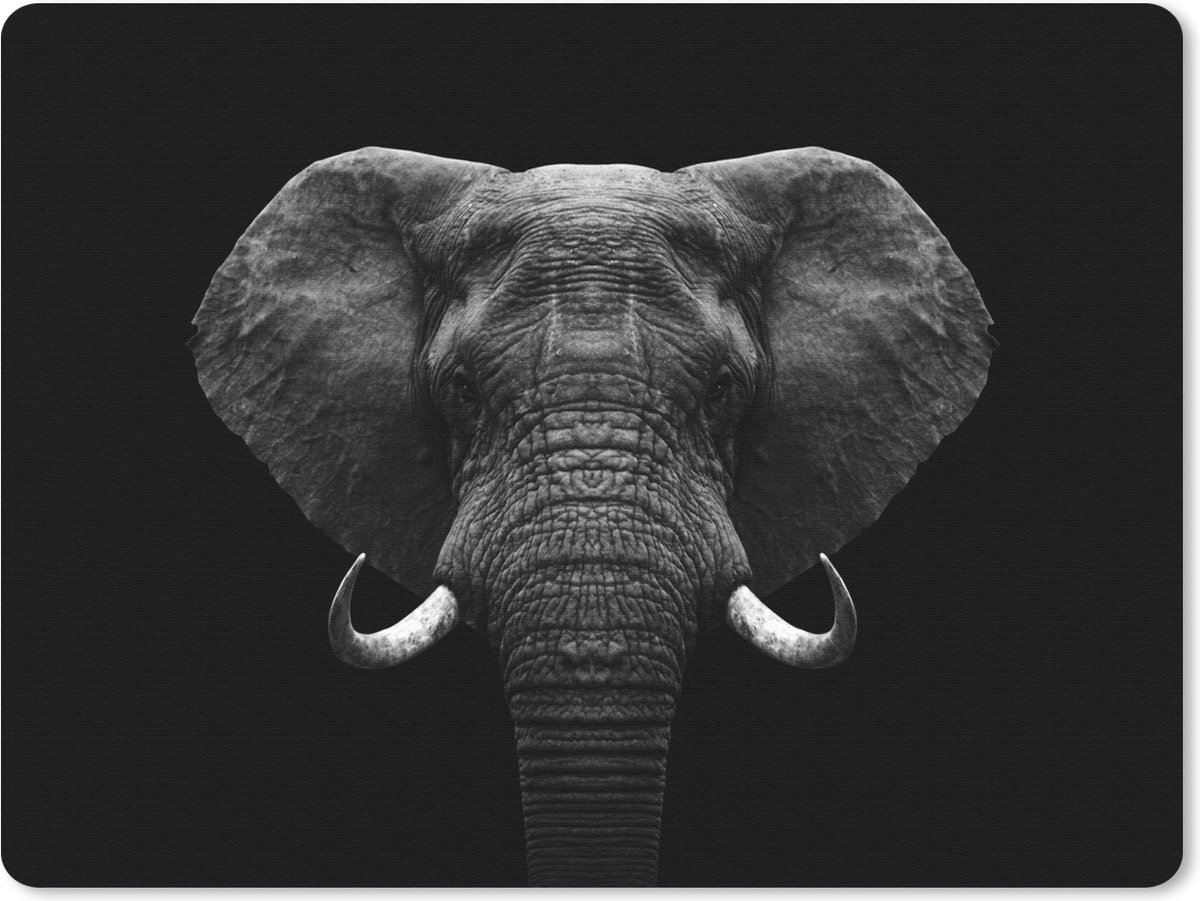 Muismat 23x19 cm - Mousepad Dieren - Olifant - Portret - Zwart - Wit - Muismatten