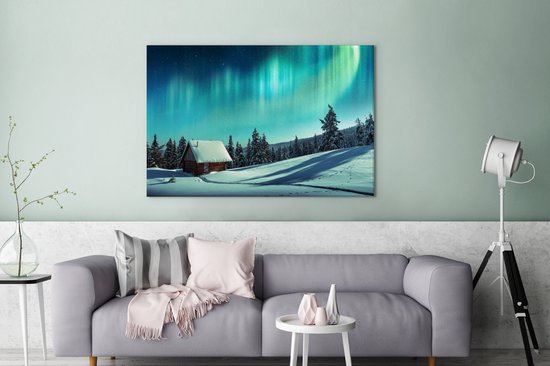 Tableau sur toile Aurores boréales - Neige - Maison - Hiver - 120x80 cm - Décoration murale