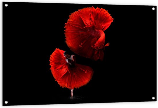 WallClassics - Tuinposter – Danser met Rode Jurk en Vis - 120x80 cm Foto op Tuinposter  (wanddecoratie voor buiten en binnen)