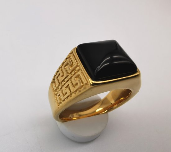 RVS Edelsteen Zwart Onyx goudkleurig Griekse design Ring. Maat 18. Vierkant ringen met beschermsteen. geweldige ring zelf te dragen of iemand cadeau te geven.