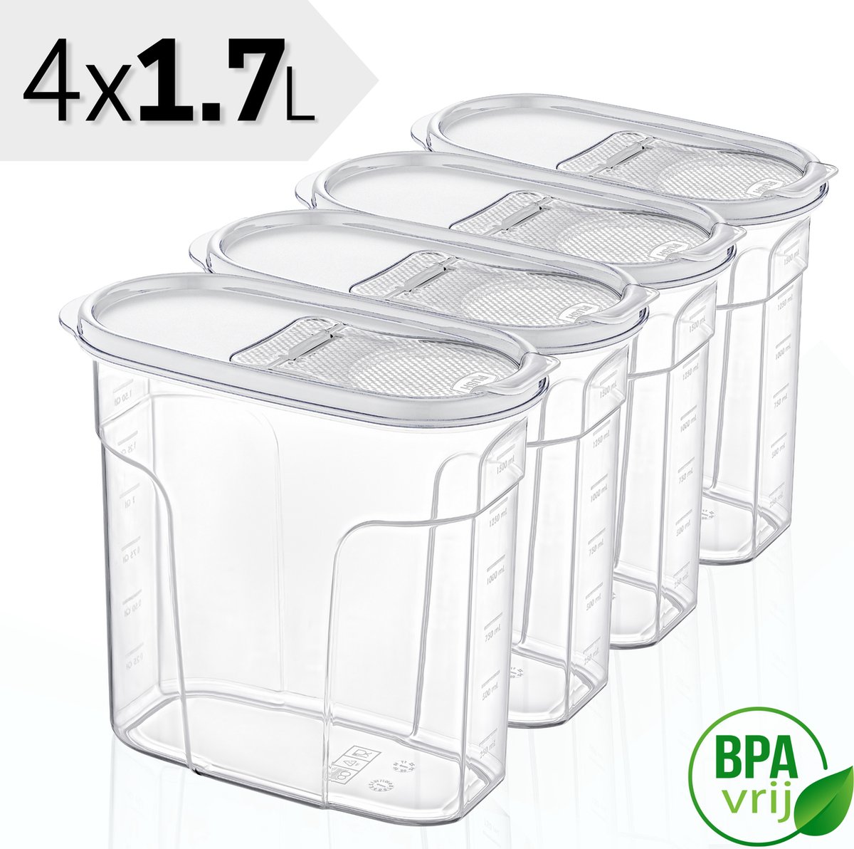 Voorraadpotten Set van 4 - 4x1.7L met witte deksel Voorraadbussen - Vershouddoos - 4 Stuks - BPA vrij - Kunststof