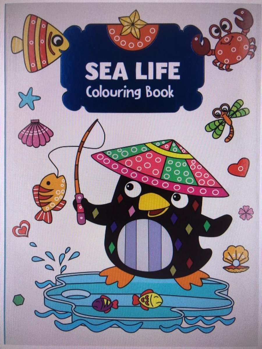 Coloring book Kinder kleurboek dieren tekenboek zeedieren sea life (vissen krab pinguïn schelpen haai) in het water zee bodem creatief kleuren en tekenen (cadeau idee Kerstmis!)