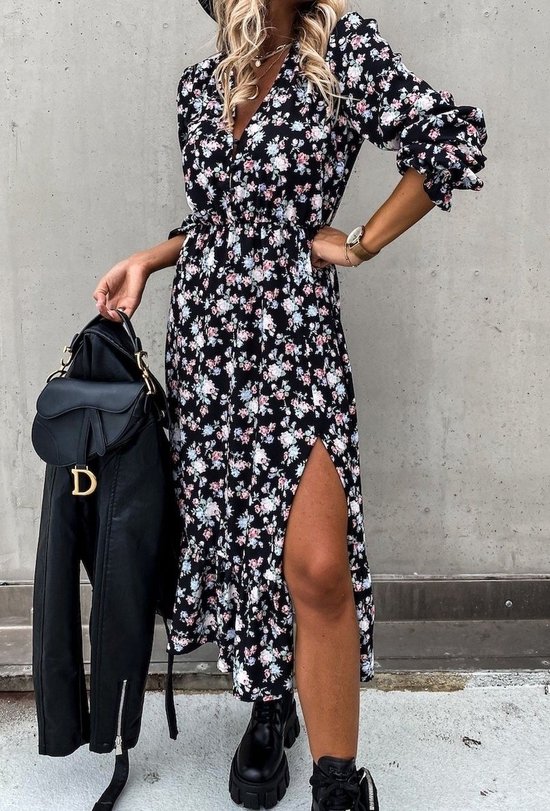Lange trendy jurk met split - vrouwen - bloemen - one size (36/40)