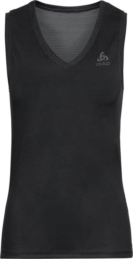 Zwarte mouwloze top met V-hals, Odlo logo en subtiele textuur.