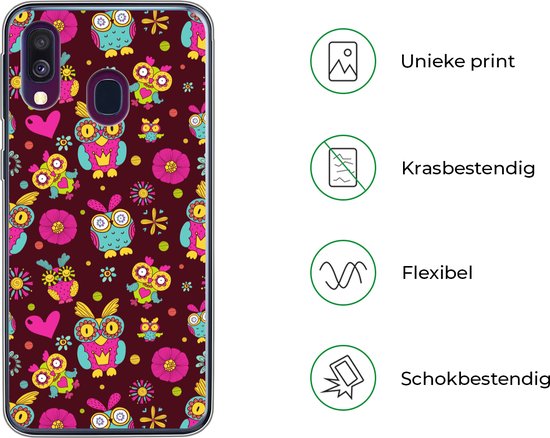 Telefoonhoesje Geschikt voor Samsung Galaxy A40 hoesje - Meisjes - Uil - Chocolade - Patronen - Girl - Kind - Kinderen - Siliconen Telefoonhoesje Telefoonhoesje
