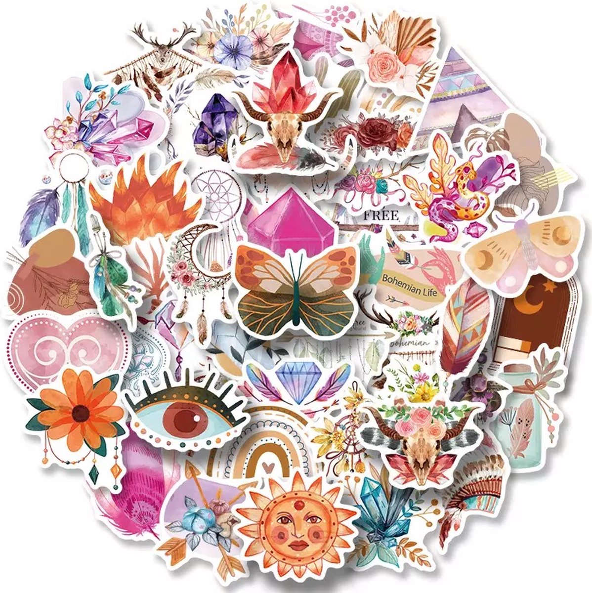 Bohemian Retro Stickers 50 Stuks | Boho Stickers | Thema Bohemien | Laptop Stickers | Decoratie | Stickers Kinderen | Stickers Volwassenen | Flowers | Regenboog | Vlinder | Bloemen | Plakstickers | Stickers Bullet Journal | Planner Stickers - Merkloos