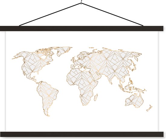 Wereldkaart goud lijnen lichtgrijs schoolplaat platte latten zwart 150x100 cm - Foto print op textielposter (wanddecoratie woonkamer/slaapkamer)