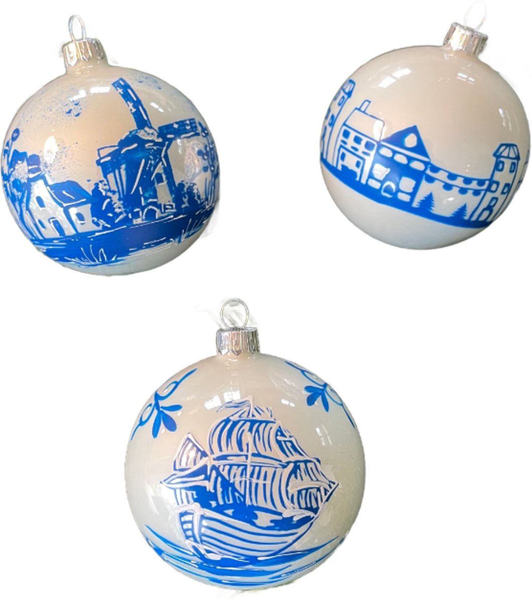 Zes Delfts Blauwe Kerstballen van glas 8 cm - Molen, Zeilschip en Huisjes