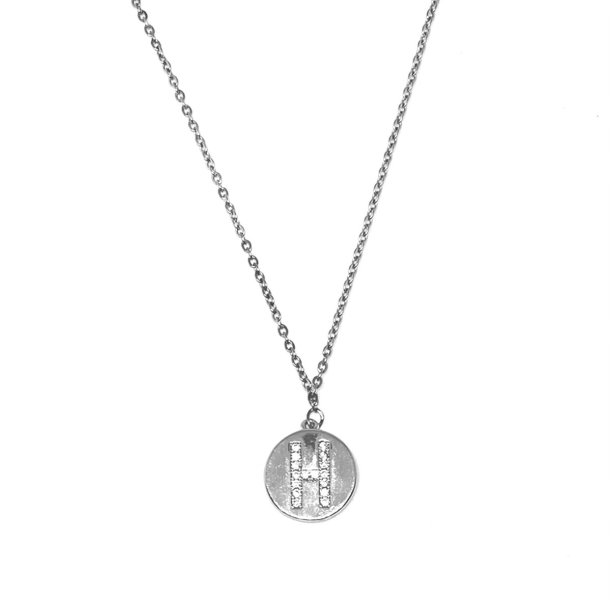 Letter ketting diamond coin - initiaal H - zilver
