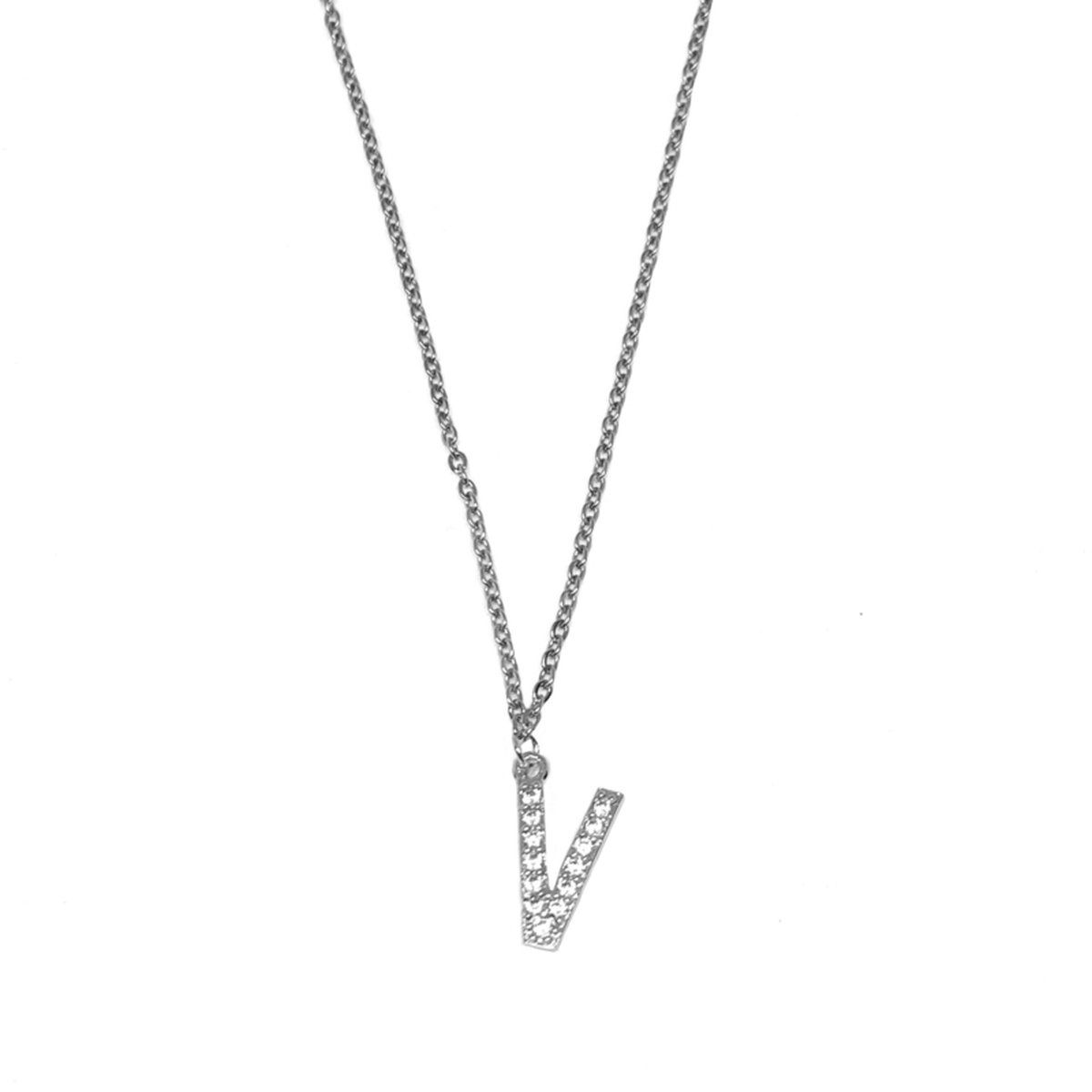 Letter ketting diamant - initiaal V - zilver