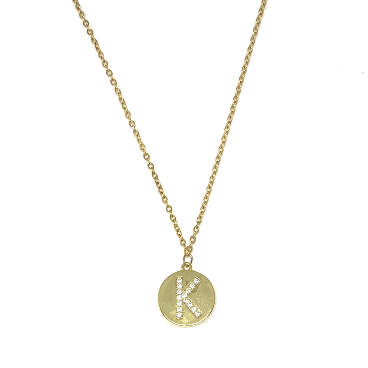 Letter ketting diamond coin - initiaal K - goud