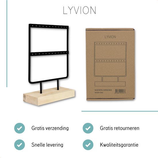 LYVION Oorbellenstandaard voor 12 paar oorbellen / Oorbellenrekje van metaal en hout - Zwart - LYVION