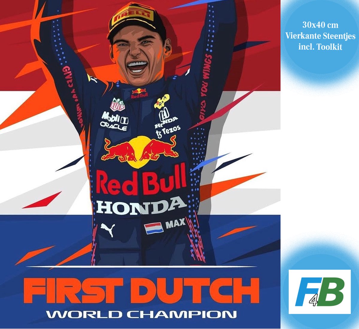 F4B Max Verstappen Wereldkampioen Diamond Painting 30x40cm | Vierkante Steentjes | Formule 1 | Auto | Red Bull Racing | Kinderen | Pakket Volwassenen en Kinderen