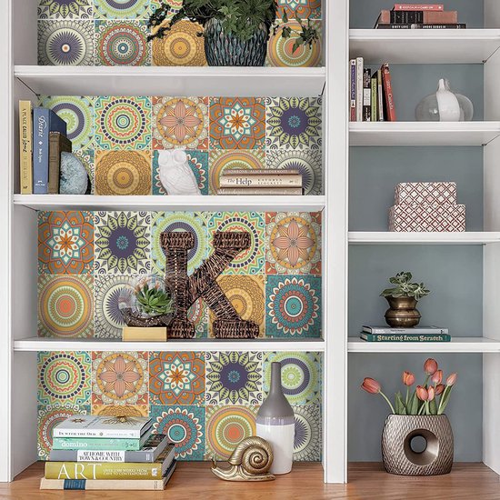 Ulticool Décoration Stickers carrelages - Mandala Soleil Bloem Oranje Vert Blauw - Cuisine cm - 15 pièces