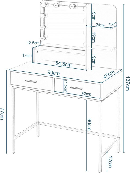 Vicco Make-uptafel set met kruk Wit 115 cm met LED-spiegel en krukje
