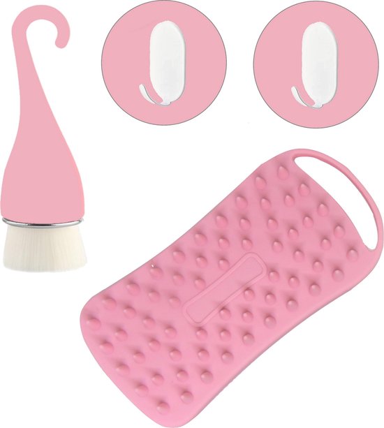 Bad borstel en gezichtsborstel - roze - anti roos borstel - hangend – silicone – plus haakje – dry brush – massage borstel - lichaamsborstels - baby borstel – washandjes roze