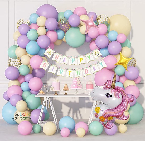 Loha-party® Unicorn Thema Versiering ballonen-Eenhoorn Folie Ballon Verjaardag Versiering-Unicorn Ballon Decoratie Feest Versiering-Macaron Ballonboog-Happy birthday-Folie ballonnen