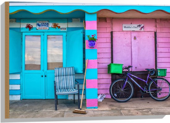 WallClassics - Hout - Blauw en Roze Strandhuisjes - 75x50 cm - 12 mm dik - Foto op Hout (Met Ophangsysteem)