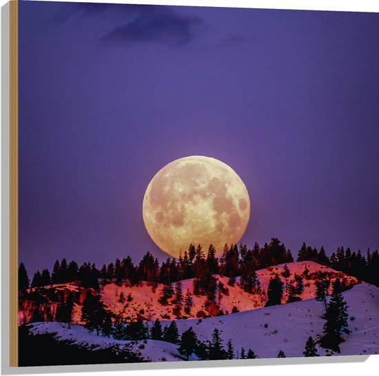 WallClassics - Hout - Grote Volle Maan boven SneeuwBerg - 80x80 cm - 12 mm dik - Foto op Hout (Met Ophangsysteem)