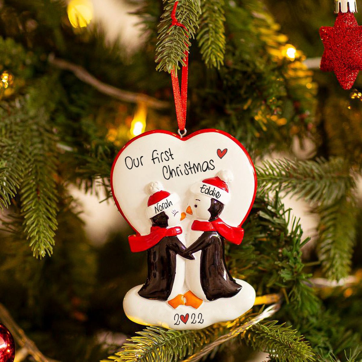 Kerstversiering | Personaliseerbaar | Kersthanger| Ornament | Pinguïns in love | Verliefde pinguïns | Kerststel