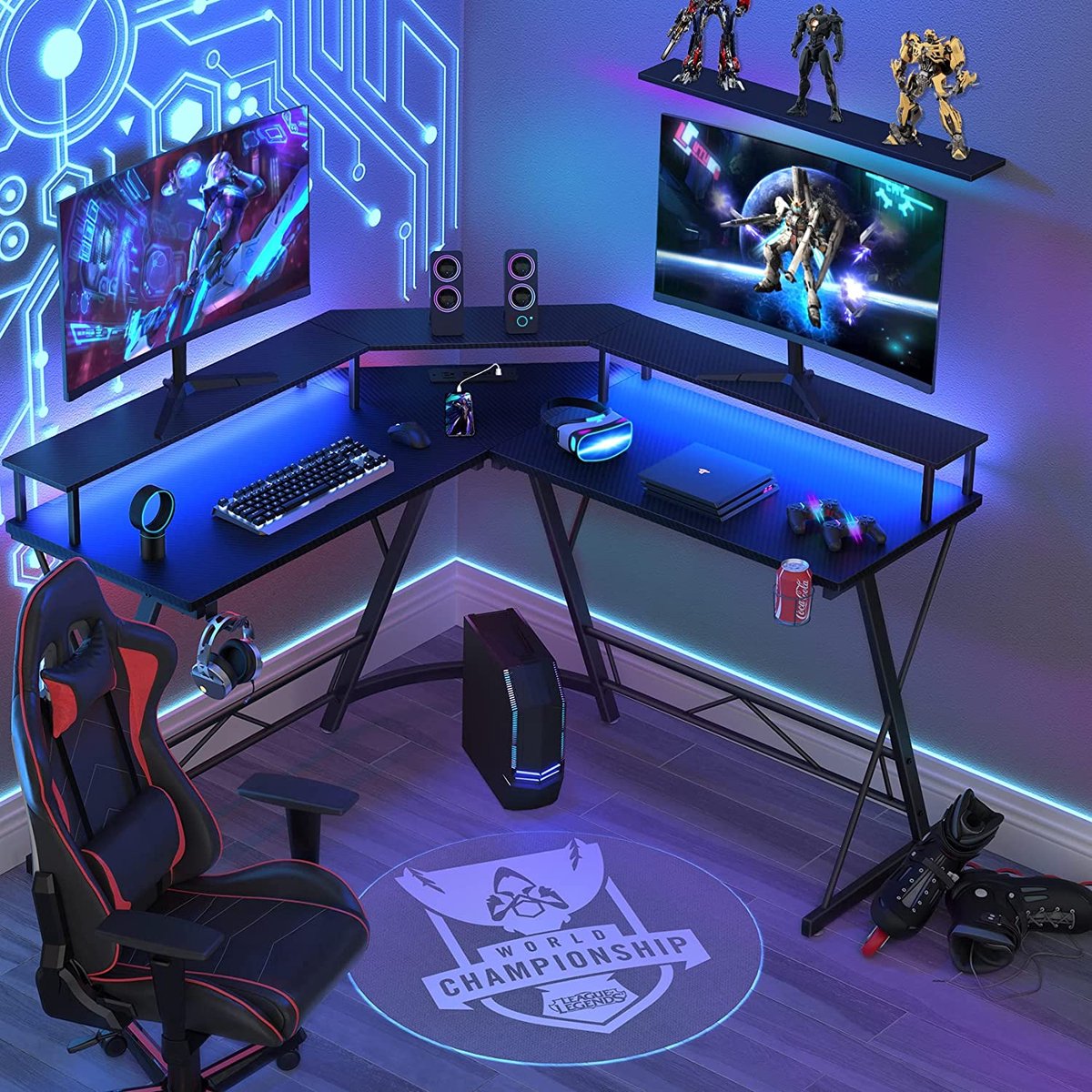 Bureau Gaming Xergonomique avec éclairage LED - Bureau d'angle Gaming avec  support