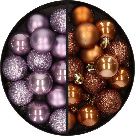 Kunststof kerstballen 28x st. lila paars en bruin 3 cm kunststof