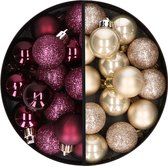 Kerstballen 34x st - 3 cm - aubergine paars en champagne - kunststof