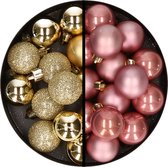 Kerstballen 36x stuks - 3 en 4 cm - goud en oudroze - kunststof
