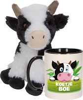 Koeien Cadeauset kind - Koeien knuffel 19 cm en drinkbeker 300ml