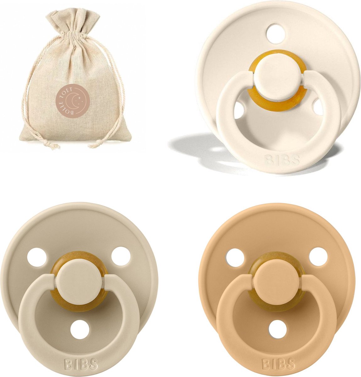 Goedkoopste BIBS spenen T1 met speenzakje | Ivory, Vanilla, Desert Sand | 0 tot 6 maanden