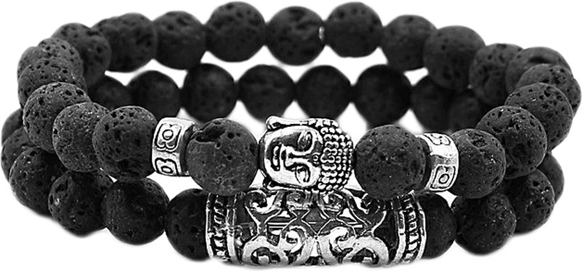 Rhylane – Armband – 2-delig – Boedha Armbanden Set – Zwart Lavasteen – Cadeau Geluksarmband Voor Hem & Haar - 19 cm