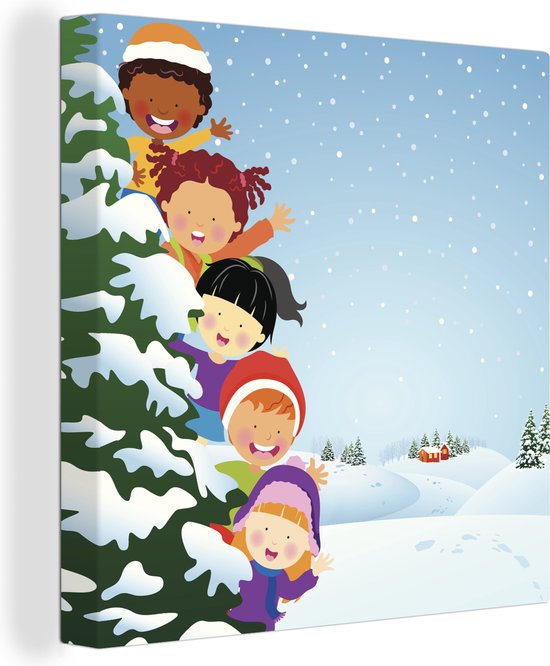 Canvas Schilderij Een illustratie van kinderen die zich verstoppen in de sneeuw - 20x20 cm - Wanddecoratie
