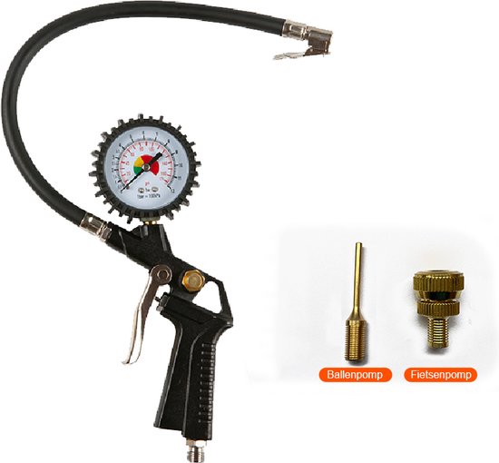 Bandenpomp met drukmeter en dubbele slang, inclusief ballen- en fietsventiel adapter.