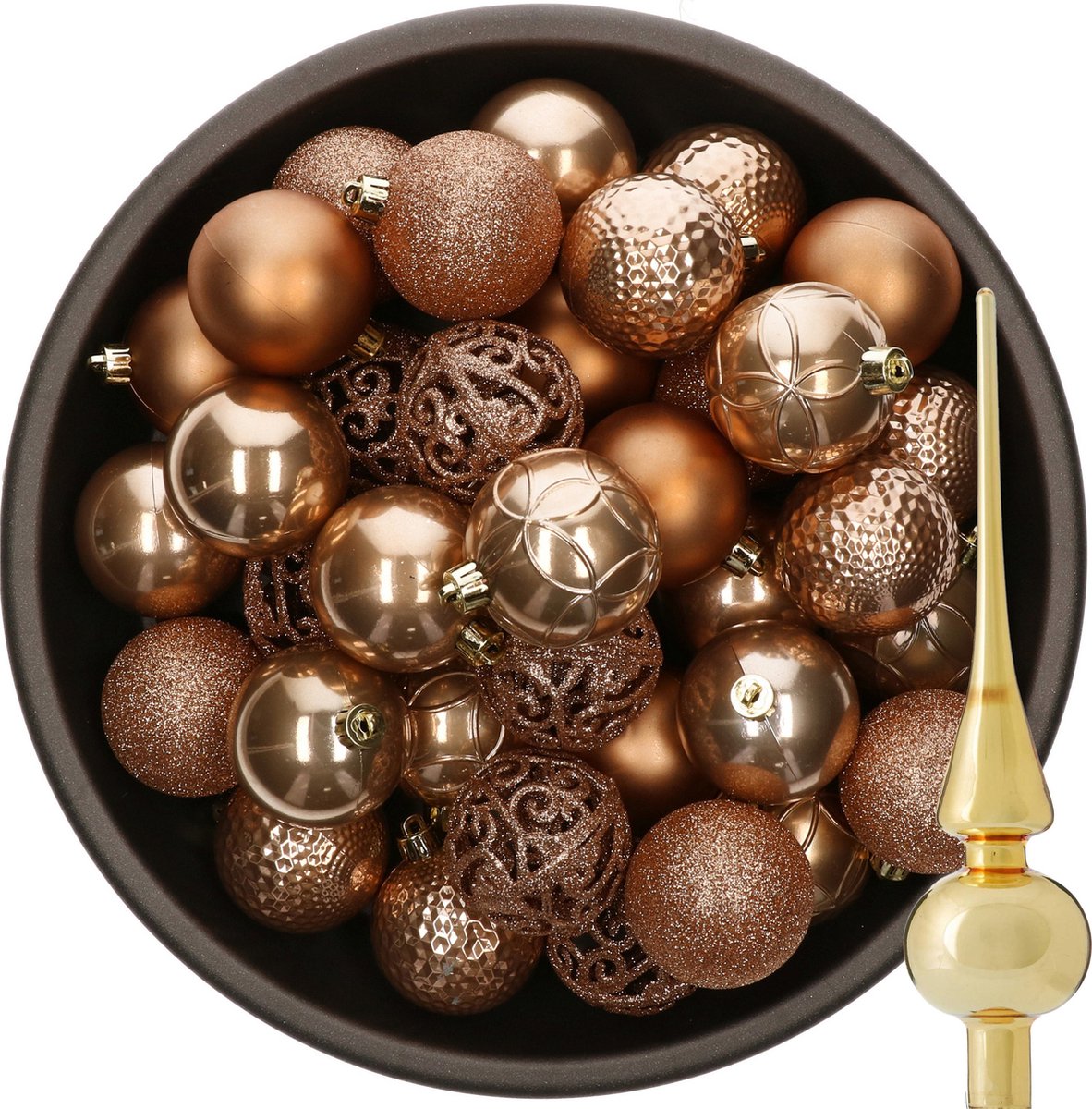 Kerstballen 37x stuks - camel bruin 6 cm - met glazen piek goud