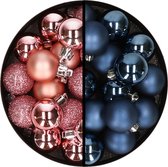 Kerstballen 36x stuks - 3 en 4 cm - roze en donkerblauw - kunststof