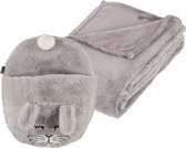 Apollo - Fleece deken grijs 125 x 150 cm met voetenwarmer slof konijn one size