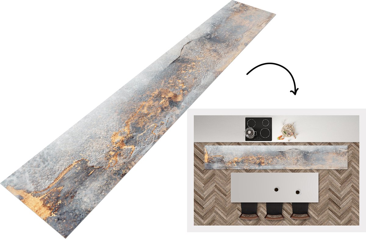 KitchenYeah Keukenloper - Loper keuken - Mist - Goud - Abstract - Keukenloper vinyl, foto 6