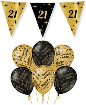 21 jaar verjaardag versiering pakket zwart/goud vlaggetjes/ballonnen